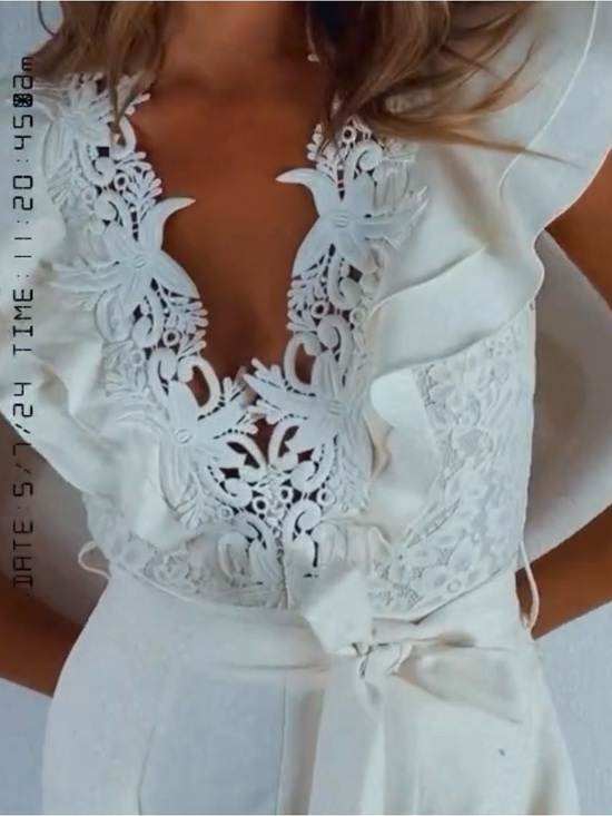 Mulla Pants - Mulla Jumpsuit Womens Size M Ivory Lace Ruffle Wide-Leg V-Neck Belted bridal